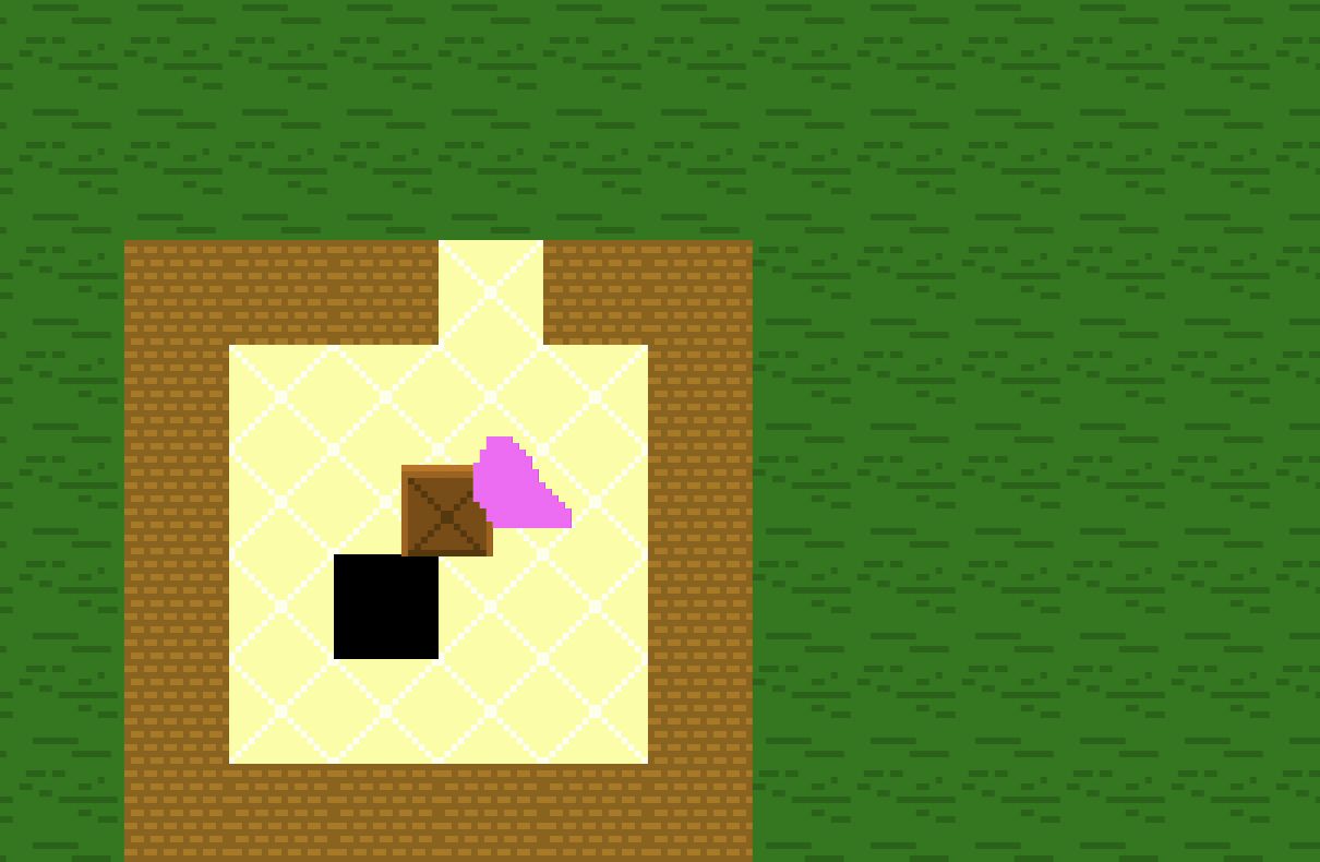 Screenshot of 2D game, where a player is pushing a box towards a hole