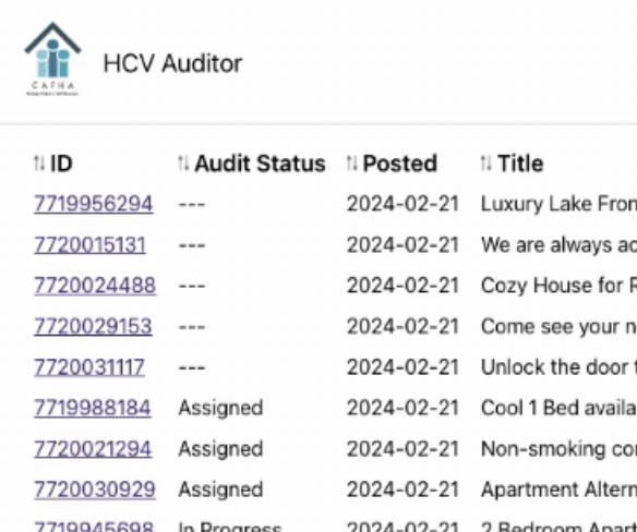 Screenshot of a dashboard application with rows of housing data