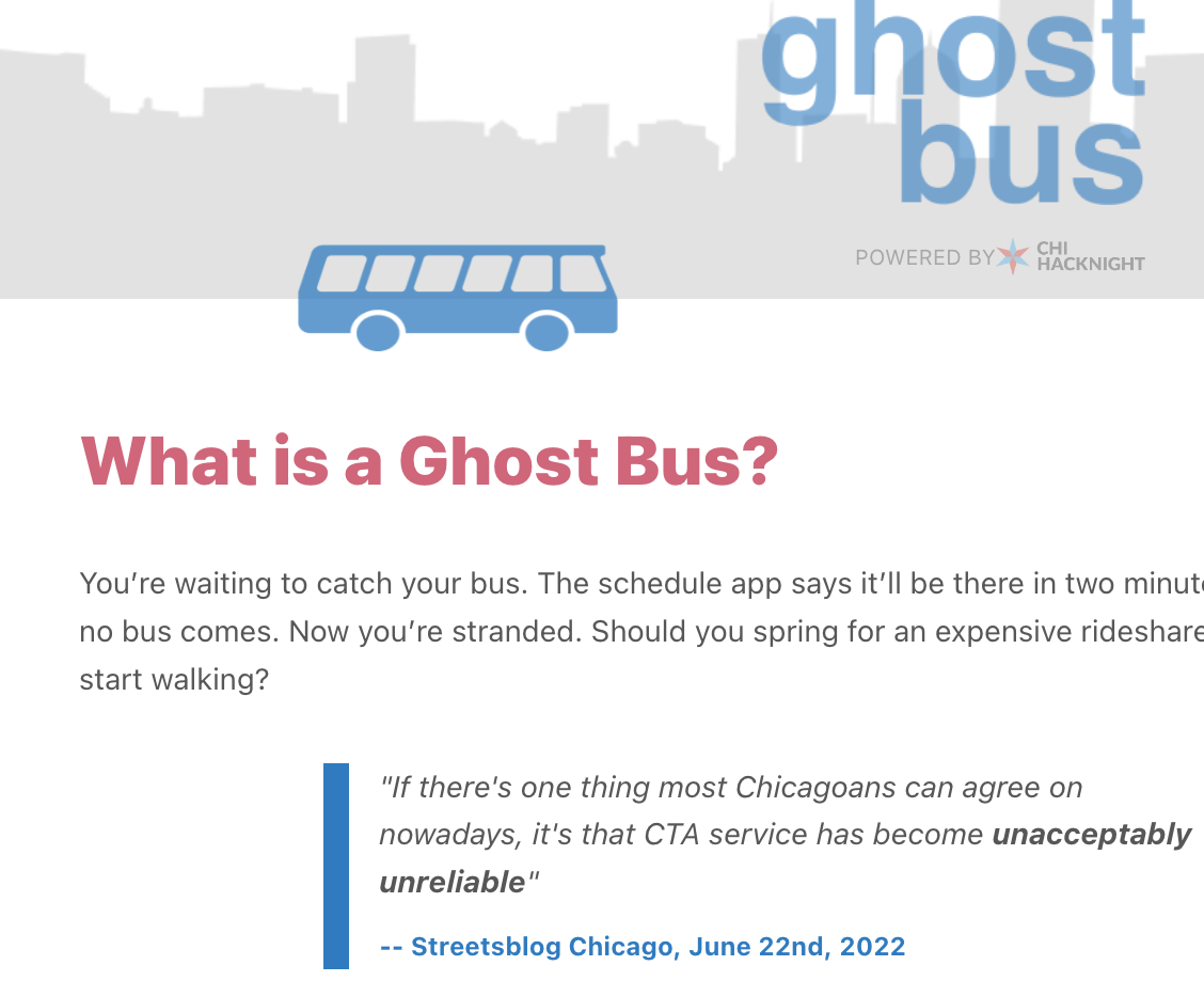 Screenshot of Chicago Ghost Buses homepage explaining 'What is a Ghost Bus?'